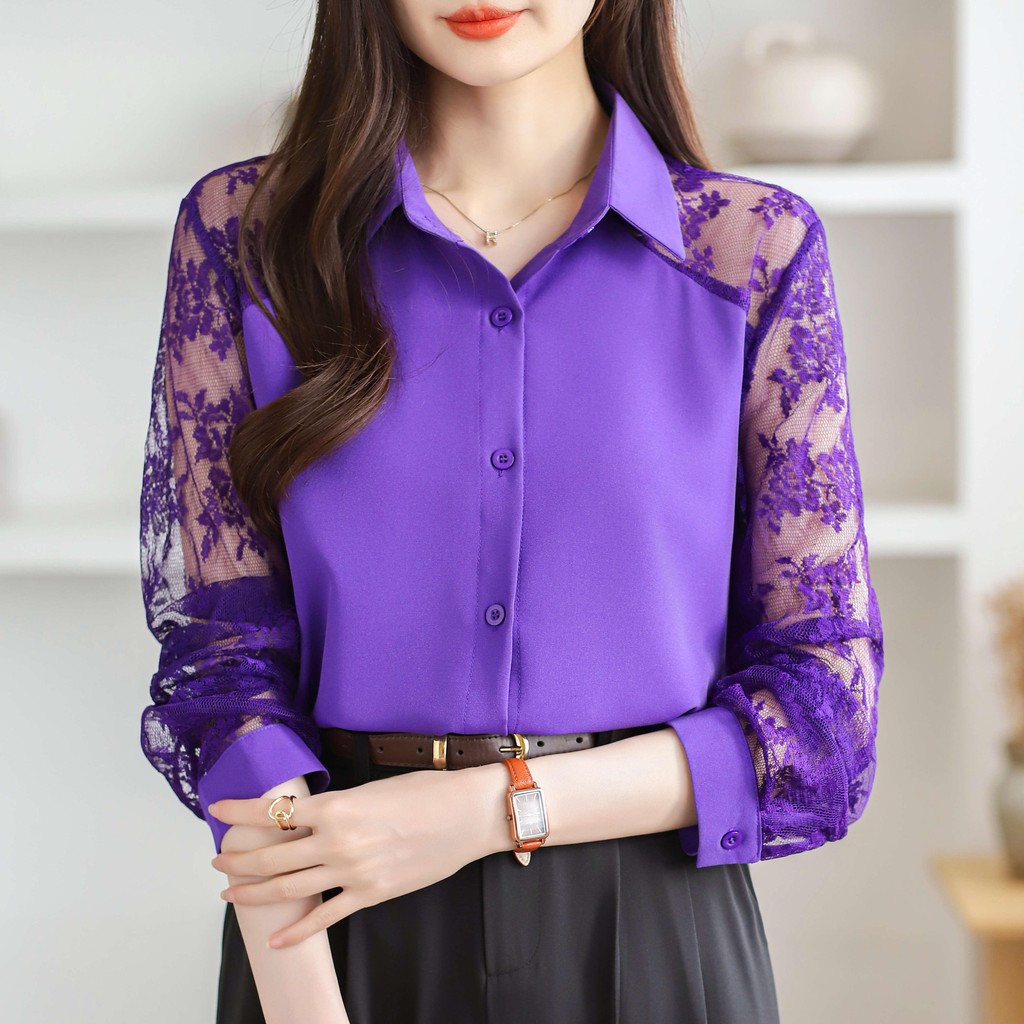 เสื้อชีฟองผู้หญิงซีรีส์สีม่วงพร้อมแขนยาวลูกไม้ผ่อนคลายไร้ริ้วรอย