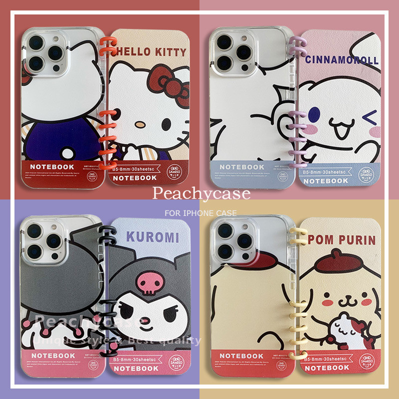 SANRIO Creative Flip Notebookน่ารักSanrio Kuromi Hello Kittyช่องเสียบการ์ดเคสโทรศัพท์เข้ากันได้สําหรับiPhone 16 15 14 13 Pro Max 16promax TPU + PCปลอกป้องกันการตก