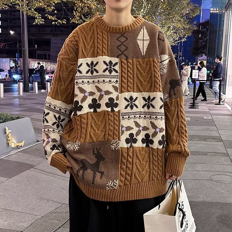 ผู้ชายสไตล์เกาหลีรอบคอขนาดใหญ่พิมพ์เสื้อกันหนาวแนวโน้มฤดูหนาวเย็บสีคมชัดถักเสื้อ