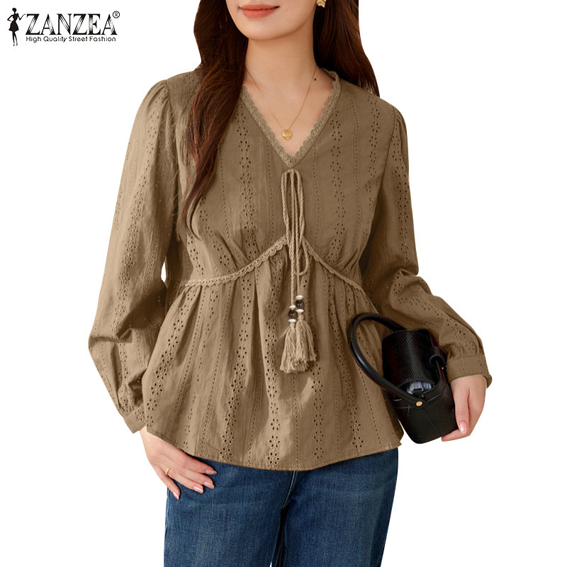 Zanzea เสื้อเบลาส์แขนยาวคอวีแฟชั่นลําลองเกาหลีสําหรับผู้หญิง