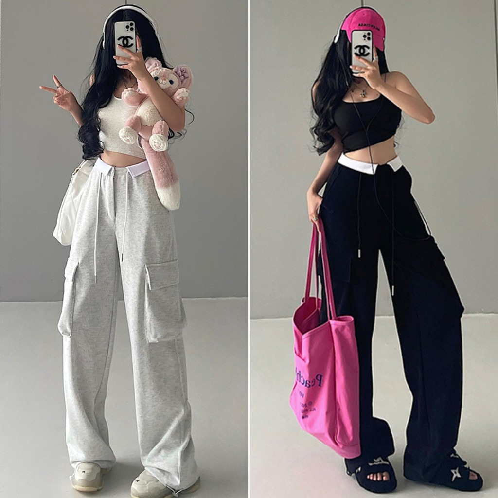Hotgirl พร้อมส่ง กางเกงคาร์โก้ผู้หญิง กางเกงขายาวทรงเอ ทรงกระบอก ดีไซน์เอวพับ สาวเฮาๆ น่ารัก สไตล์อเมริกัน