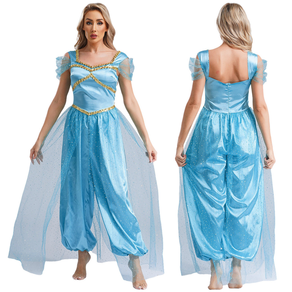 ผู้หญิงฮาโลวีน Aladdin จัสมินเจ้าหญิงคอสเพลย์เครื่องแต่งกาย Belly Dance Jumpsuit Magic โคมไฟ Carnival Party เสื้อผ้าเลื่อม Tulle Overlay ฟักทองกางเกง