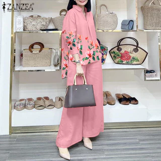 ZANZEA ใส่ ซานเซีย ผู้หญิงเกาหลีพิมพ์เปิดลงปกโคมไฟแขนปุ่มข้อมือชุดสองชิ้น