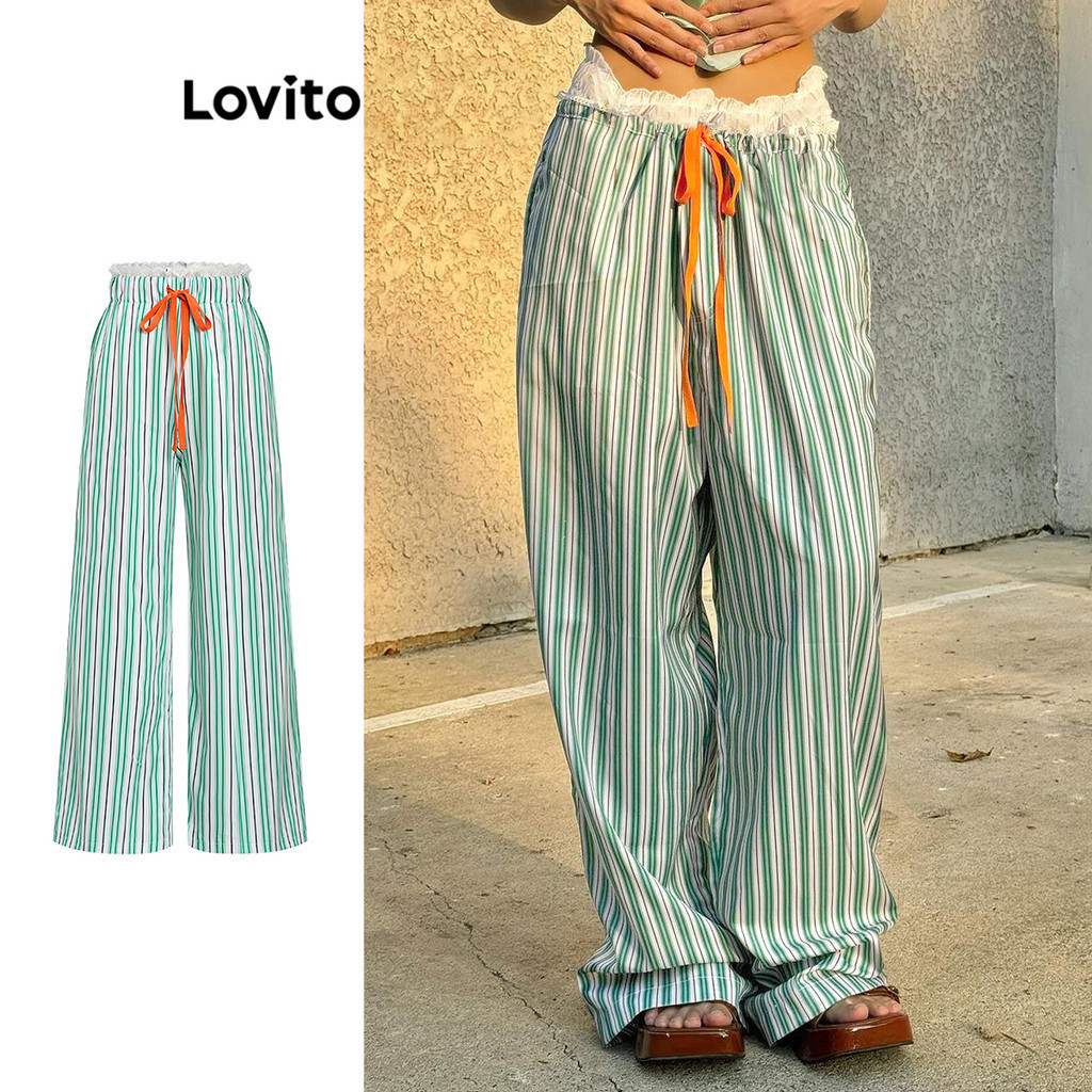 Lovito กางเกงเย็บผ้าลูกไม้ลายสบาย ๆ สำหรับผู้หญิง L101AD312