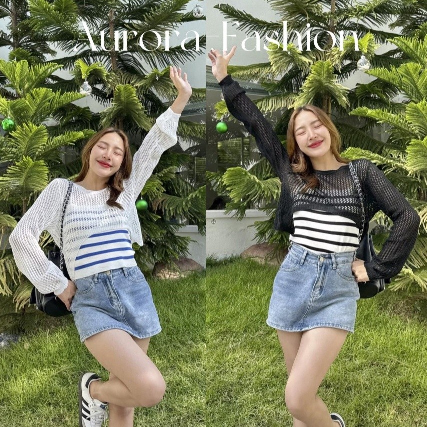 Aurora พร้อมส่ง เสื้อ สายเดี่ยว + เสื้อครอป สองชิ้น ถักตาข่าย กันแดด เสื้อแจ๊กเก็ มีสไตล์ 5Y008