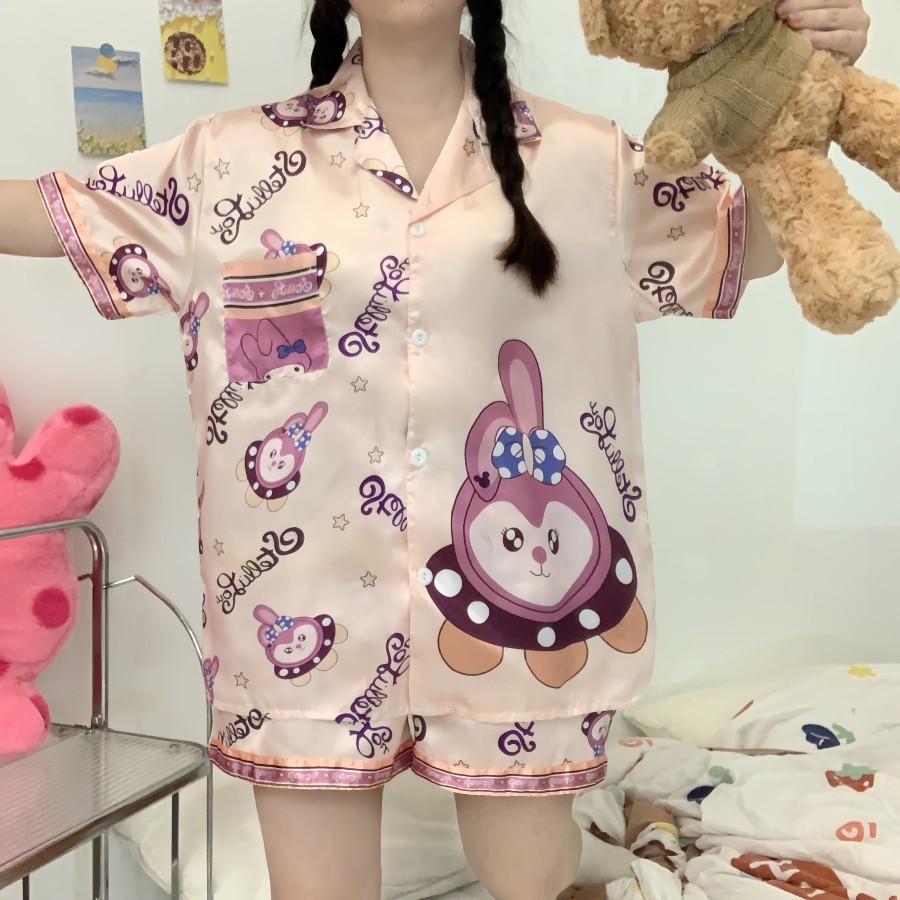 388 SBT ชุดนอนผู้หญิง ชุดนอนOne size อก40โดยประมาณ ชุดนอนสาวอวบผ้าไหมอิตาลี่ ลายการตูนน่ารักๆ พร้อมส่ง