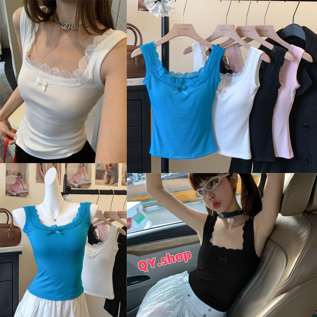 QY.Shop⭐️สินค้าราคาพิเศษ⭐️เสื้อกล้าม แต่งโบว์ น่ารักมากๆ ขอบลูกไม้ มีฟองน้ำ ยืดกำลังดี "FY6946"
