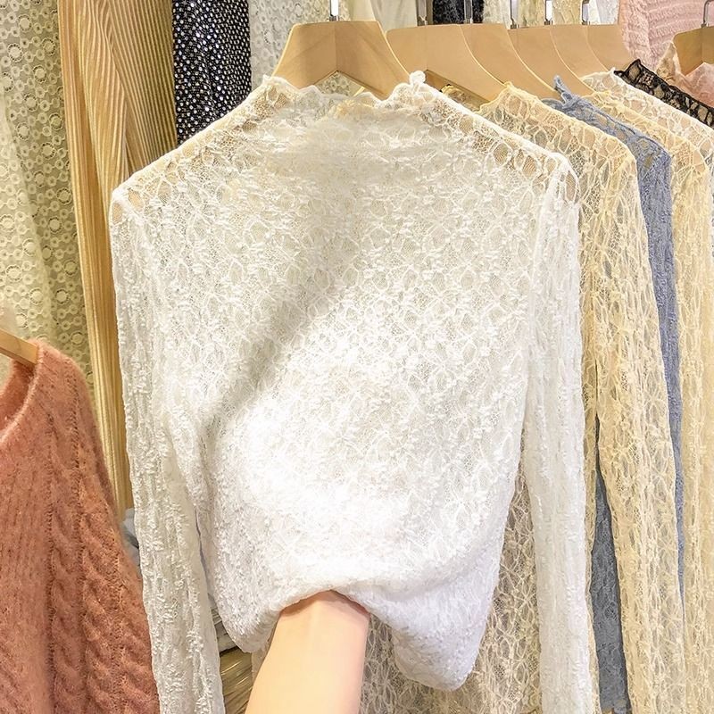 ผู้หญิงครึ่งคอเต่าลูกไม้ด้านบนบางตาข่ายเสื้อยืดสั้น จุดต่ําสุด แขนสั้นด้านบน