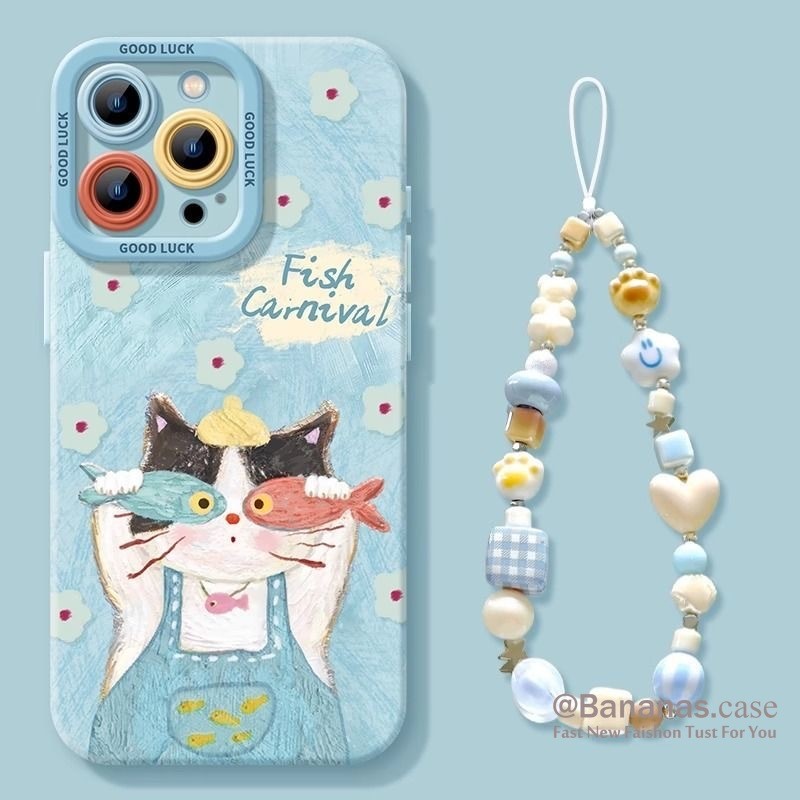 การ์ตูนปลาและแมว + Lanyard เคสโทรศัพท์สําหรับ iPhone 17 16 15 14 13 12 11 Pro Max X Xr Xs Max 7 8 Plus SE2020
