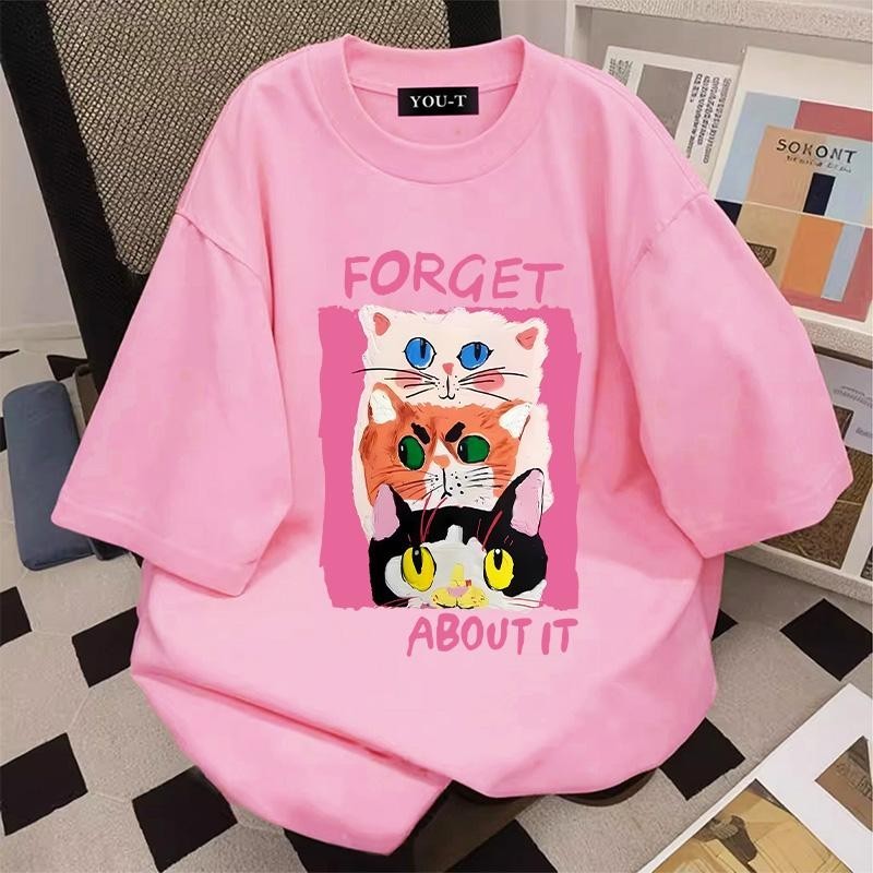Basi💥 ผู้หญิง เสื้อยืด oversize เกรดพรีเมียม เสื้อคอตตอน100% ไม่หดตัว ใส่สบาย การ์ตูนน่ารัก ลาย "FORGET ABOUTIT CAT"