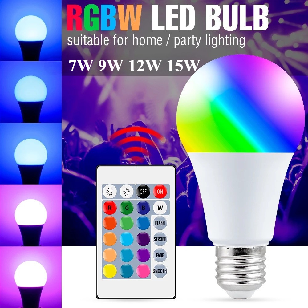 220v E27 RGB หลอดไฟ LED 7W 9W 12W 15W RGB 220V LED Lampada เปลี่ยนสีสัน RGBW หลอดไฟ LED พร้อมรีโมทคอนโทรล IR