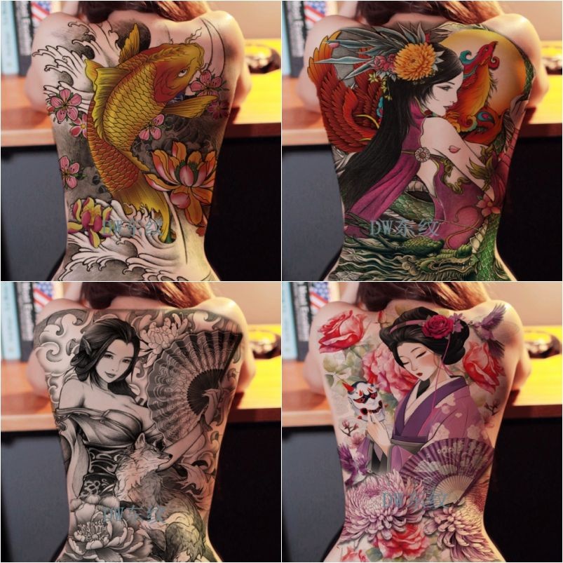 สติ๊กเกอร์รอยสัก เต็มหลัง กันน้ํา ติดทนนาน ผู้ชายผู้หญิง Zhao Zilong Tears Geisha ภาพใหญ่ Fire Kirin Son Goku ปีกกลับ 4.8