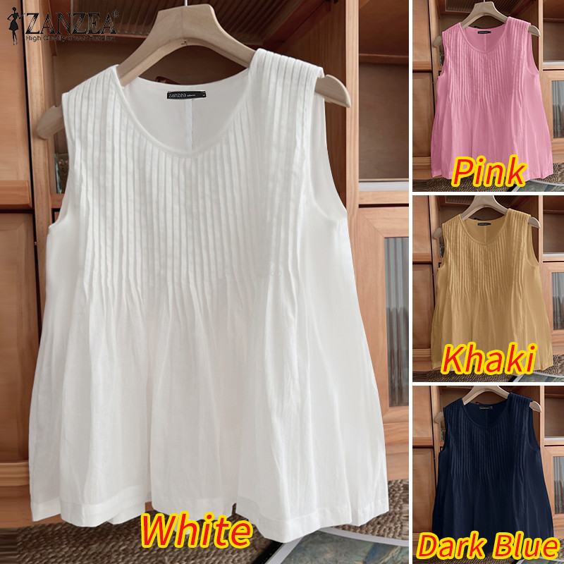 ZANZEA ซานเซีย ผู้หญิงฤดูร้อนเกาหลีลําลองจีบคอวีแขนกุดหลวมถัง - รูปที่ 2