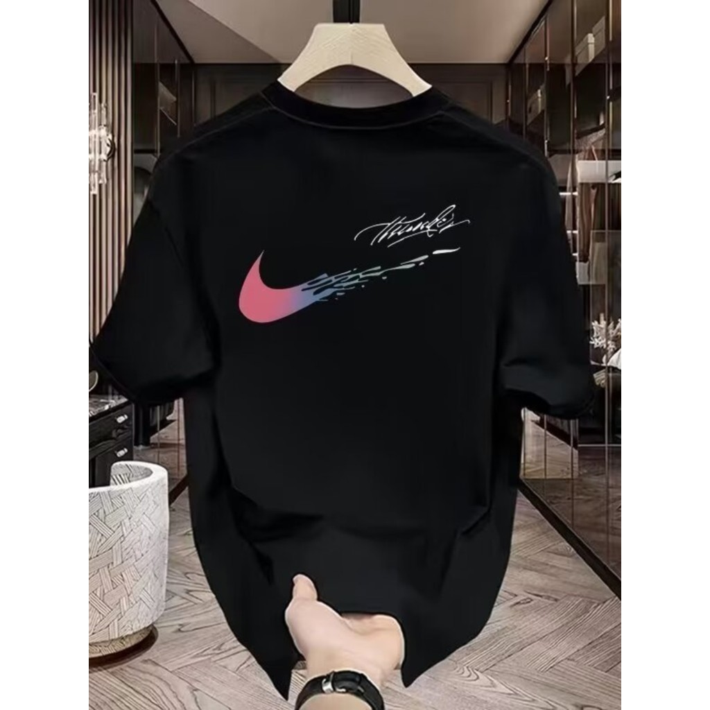 เสื้อยืดผ้าฝ้ายคอกลม แขนสั้น พิมพ์ลายไล่เฉดแดง-ฟ้า ขอบดีไซน์เดียวกัน ใส่สบาย ระบายอากาศดี