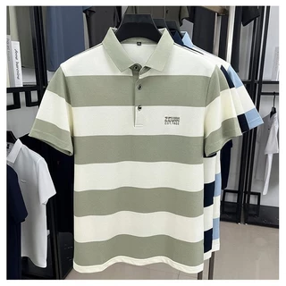Casual High-End Striped Polo Mens Summer สไตล์ใหม่แขนสั้นแฟชั่นLapel Top