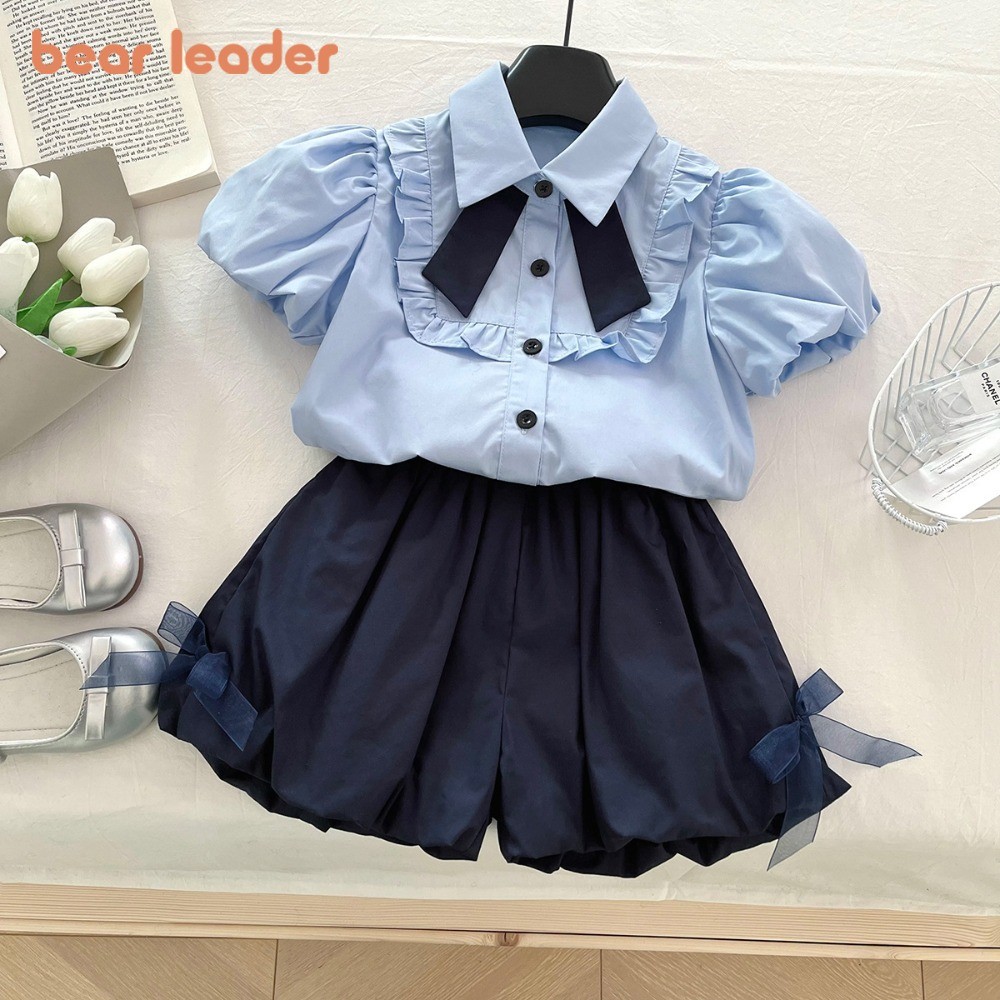Bear Leader Summer Bow Girls Set เวอร์ชั่นเกาหลีพัฟแขนเสื้อเสื้อ + กางเกงขาสั้นดอกตูมชุดสองชิ้นธรรมด