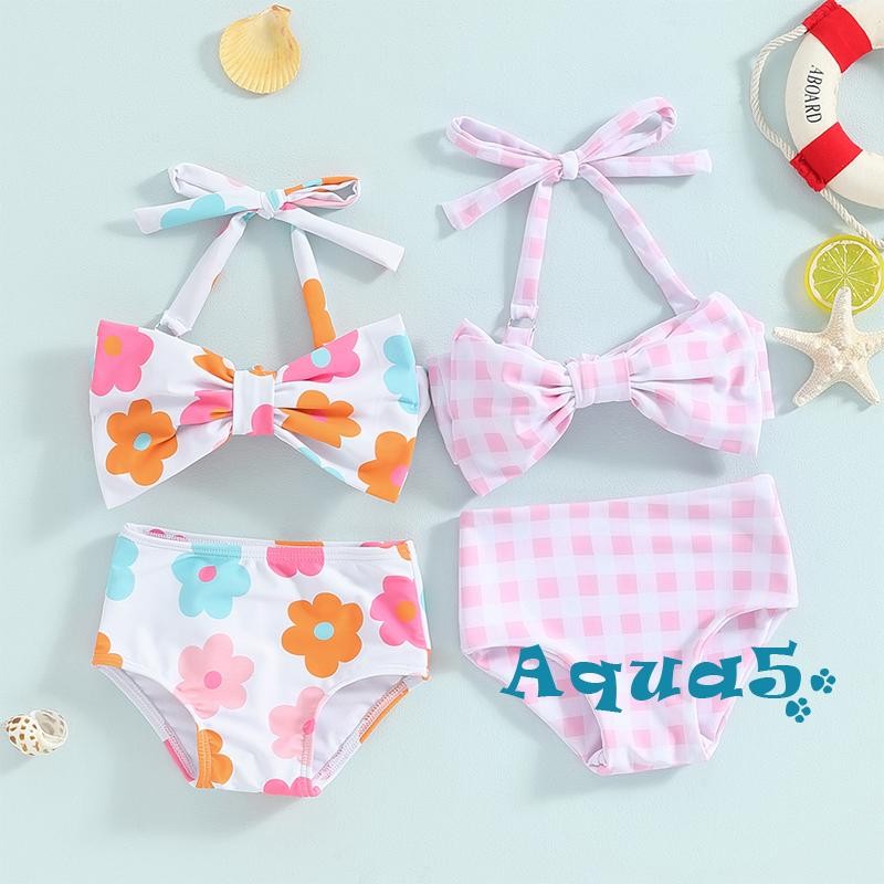 AQQ-Little Girl ́ บิกินี่ฤดูร้อน 2 ชิ้นชุดดอกไม้/ลายสก๊อตพิมพ์แขนกุดโบว์บิกินี่ท็อปส์กางเกงขาสั้นชุดว่ายน้ํา