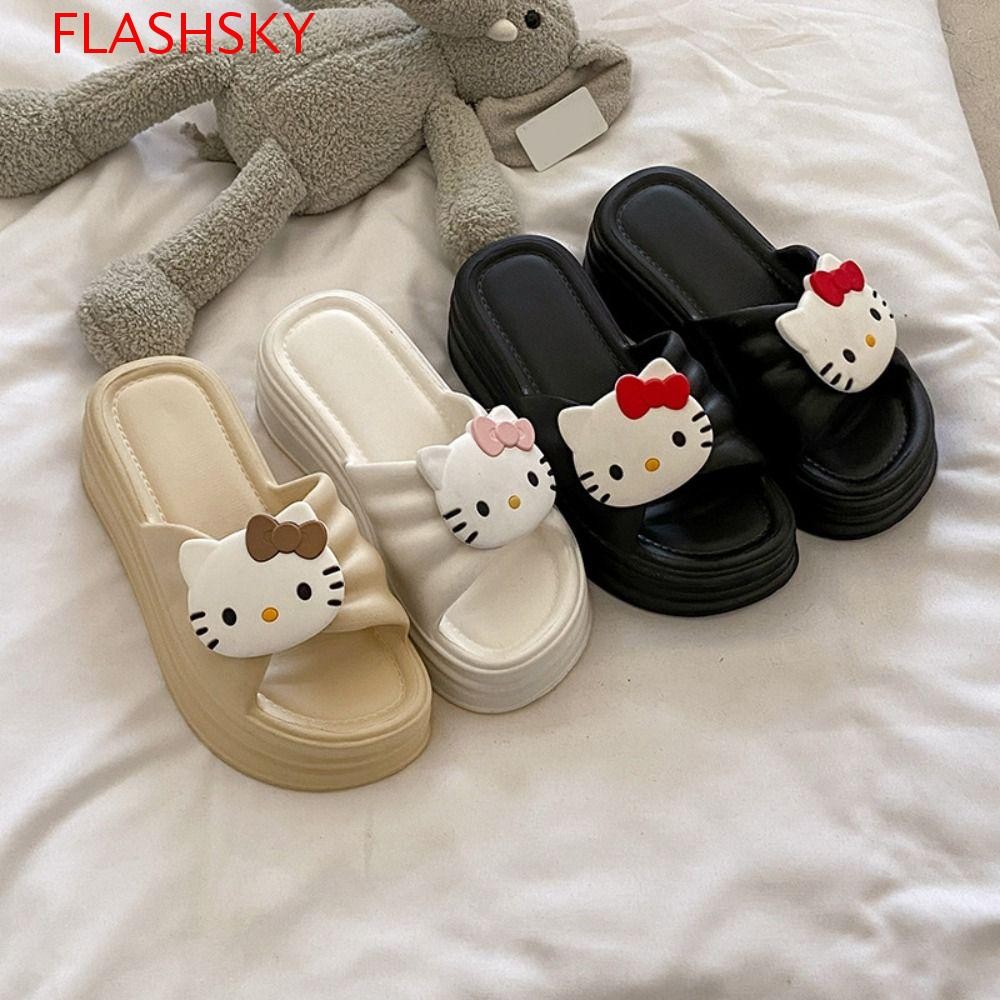 แฟลชสกี้ รองเท้าแตะแมวคิตตี้,ฤดูร้อนน่ารักรองเท้าแตะส้นสูงผู้หญิง,หวาน ข การสึกหรอของดวงตา รองเท้าลื่นนุ่มแต่เพียงผู้เดียวแพลตฟอร์มสไลด์รองเท้าแตะฤด