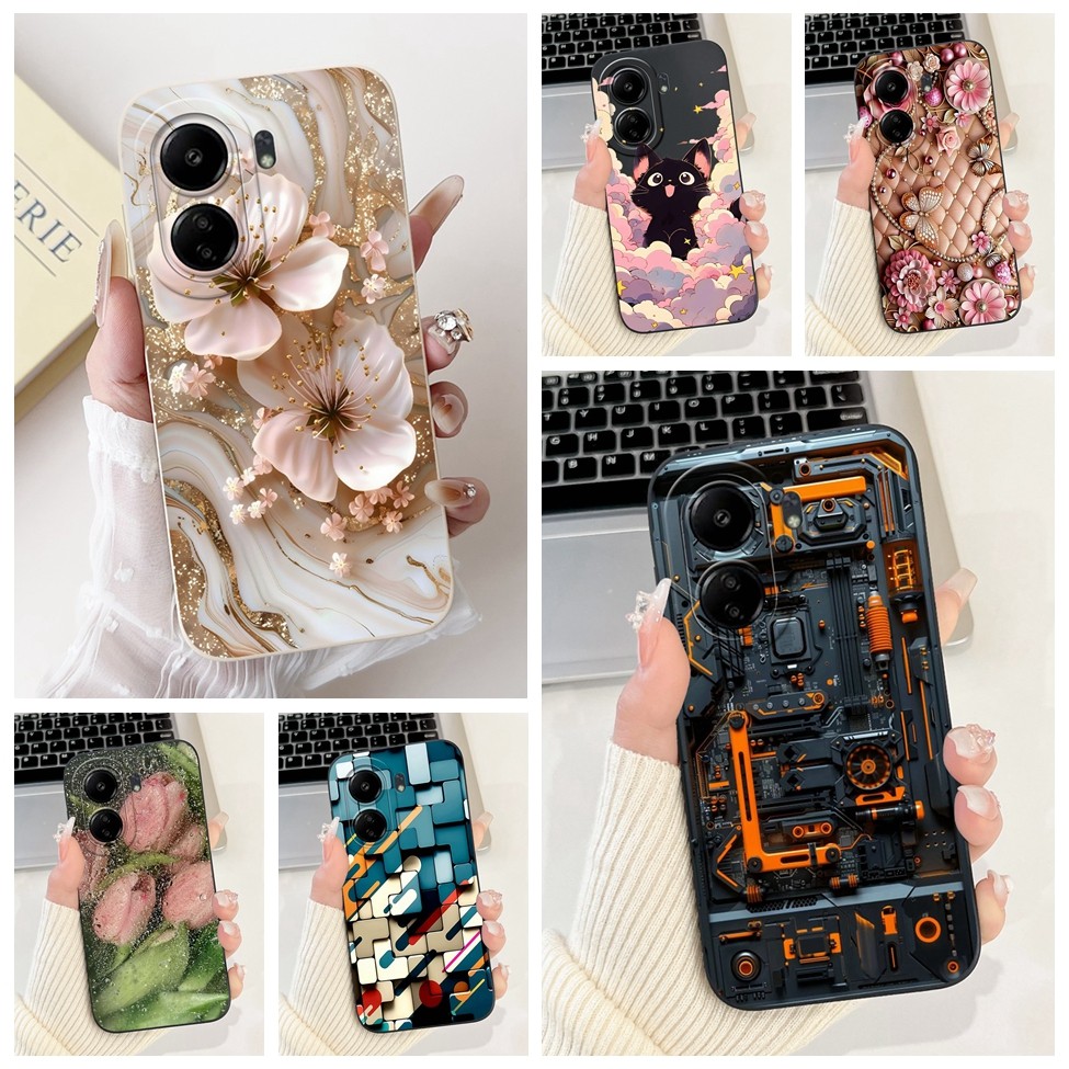 สําหรับ Redmi 13C 4G กรณีซิลิโคนแมวน่ารักแฟชั่นผีเสื้อดอกไม้รักทาสีปลอก 23100RN82L 23106RN0DA 23108R