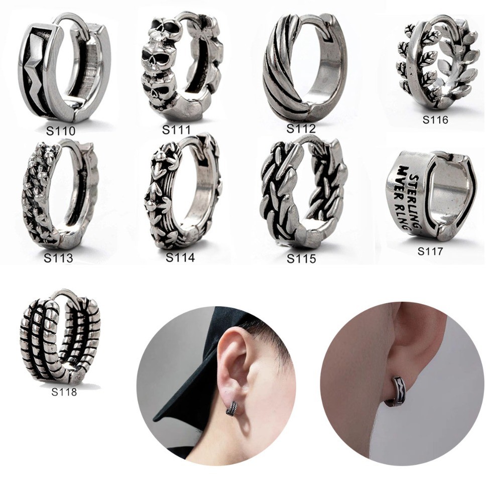 1 ชิ้นผู้ชายต่างหูเจาะสแตนเลส Skull Head Stackable Lightning Leaf Letter Hoop Huggie ต่างหูสําหรับชายหญิง