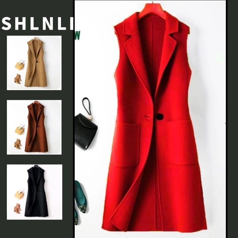 กั๊กแขนกุดแบบคาร์ดิแกนสำหรับผู้หญิง ขนาดสลิมฟิต ผลิตจากผ้าขนสัตว์สีทึบ เหมาะสำหรับฤดูหนาว และสวมใส่งานธุรกิจกลางความยาว