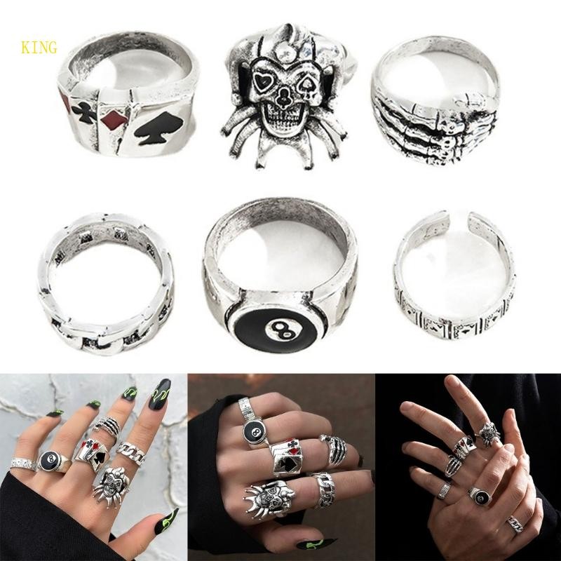(ส่วนลดสูง)oyalking.th 6x Vintage Punk แหวนสําหรับผู้ชายผู้หญิงปรับงู Clown แหวน Gothic