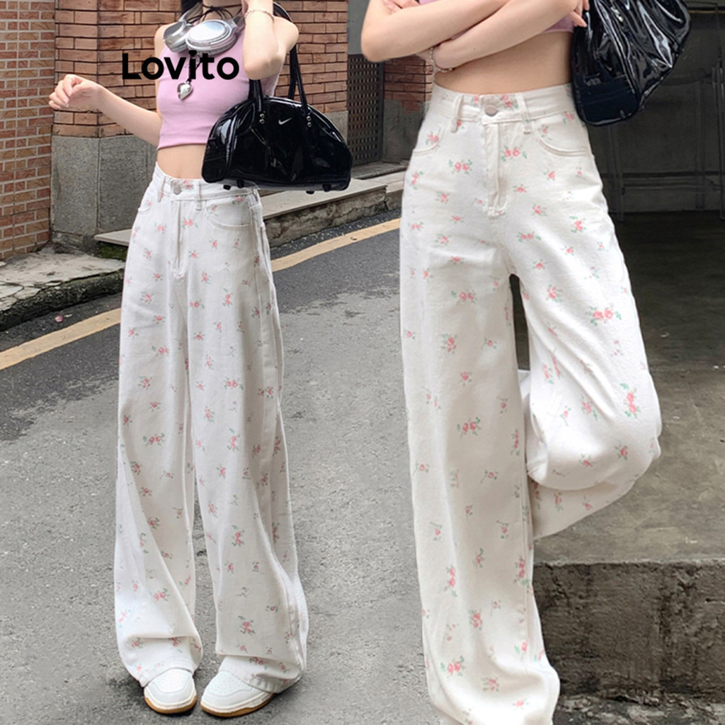 Lovito กางเกงยีนส์ขายาวผู้หญิง มีกระดุม พิมพ์ลายดอกไม้ สไตล์ลำลอง LNA66022