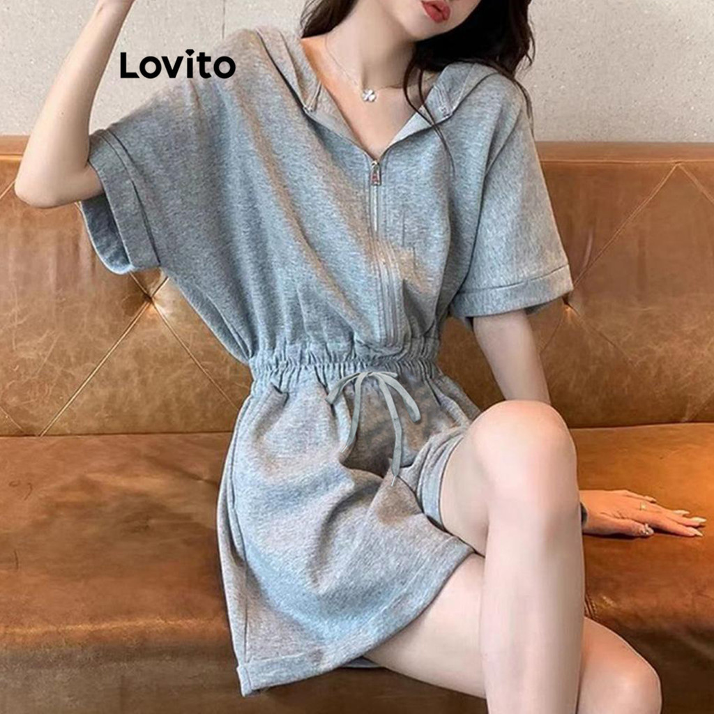 Lovito จั๊มสูทผู้หญิง มีซิป สีพื้น สไตล์ลำลอง LNA64372
