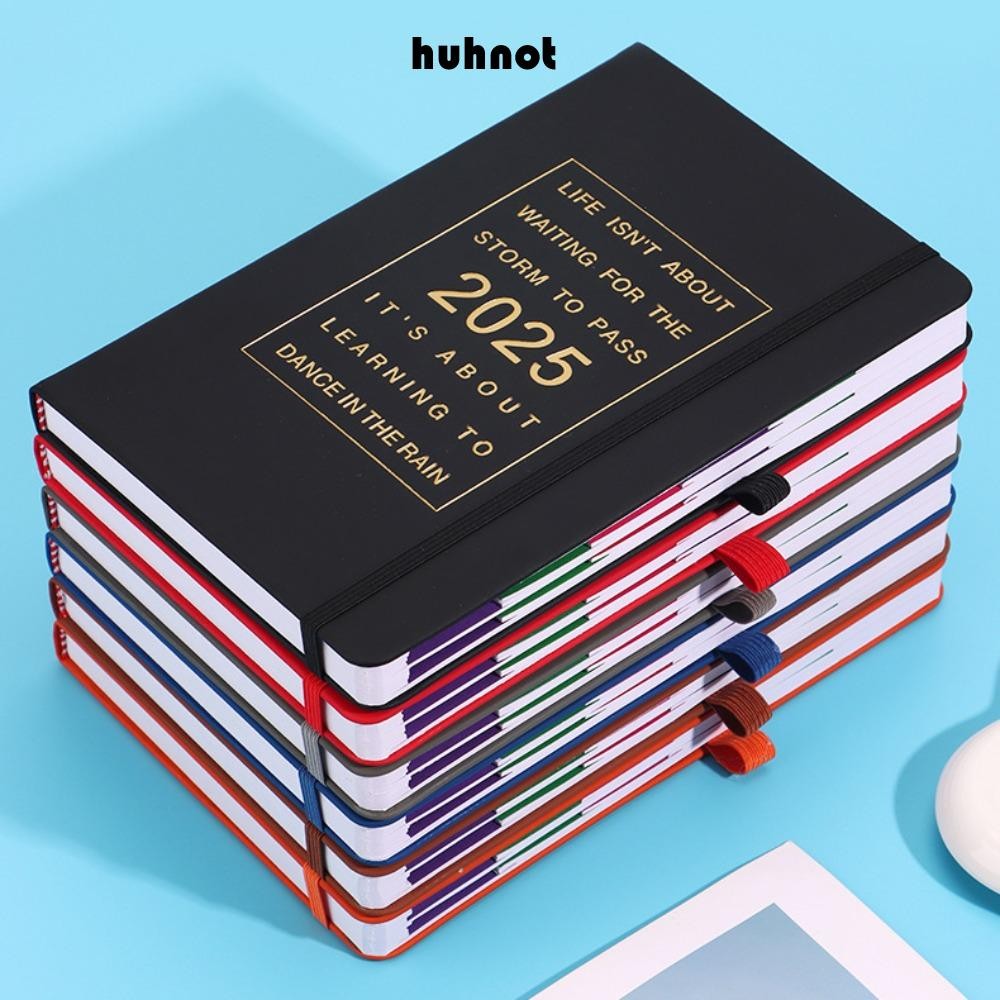 Huhnot สมุดบันทึกวางแผนรายวัน, การจัดการเวลา A5 2025 สมุดบันทึกวางแผน, แบบพกพา Creative PU หนังปฏิทินภาษาอังกฤษหนังสือโฮมออฟฟิศโรงเรียน