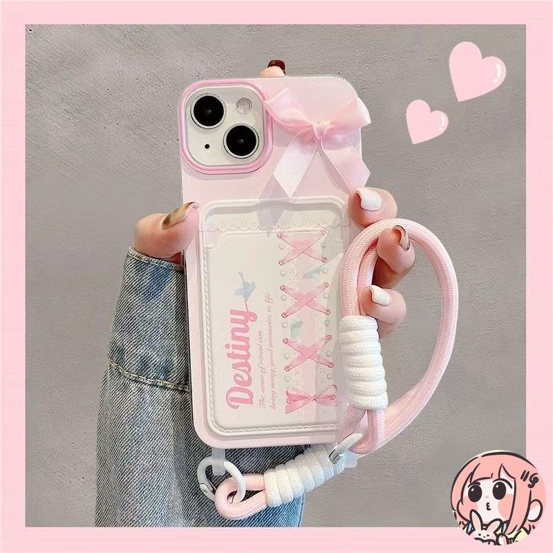 เคสผูกโบว์แสนหวานน่ารัก15 11 16 12 14 XR 11 13 Pro Max X XS Max 7 8 16 Plus SE ฝาปิดช่องใส่บัตรพร้อมสายคล้องสองเส้น – โปรปัง
