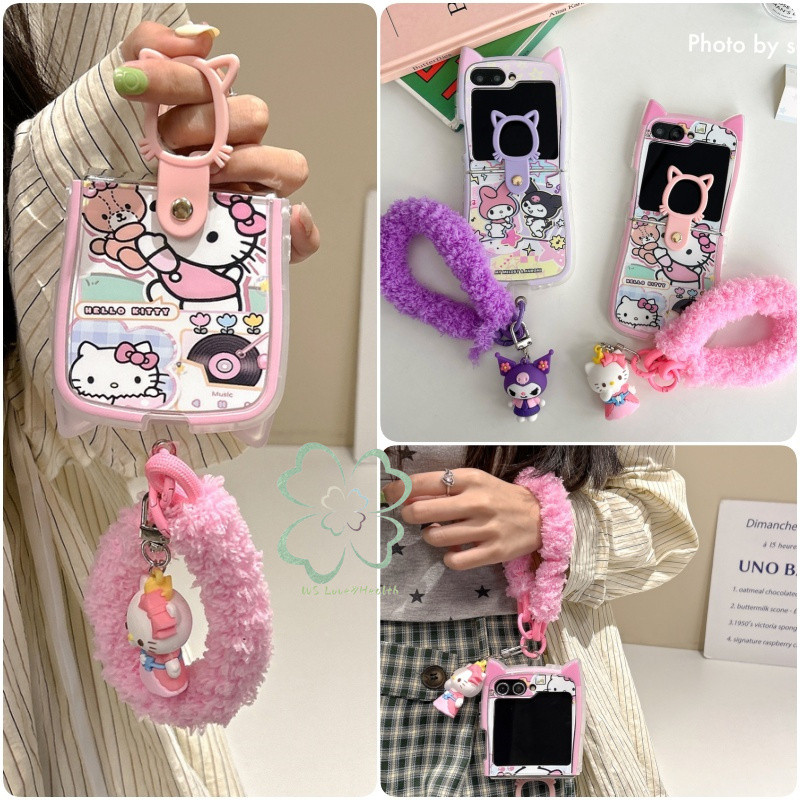 รูปแบบการ์ตูนน่ารักหูแมวเคสนุ่ม Samsung Galaxy Z Flip 7 Z Flip 6 Z Flip 5 Z Flip 4 Z Flip 3 Casing with Ring Bracelet Wrist Chain Link Buckle Cover Z Flip6 Flip5