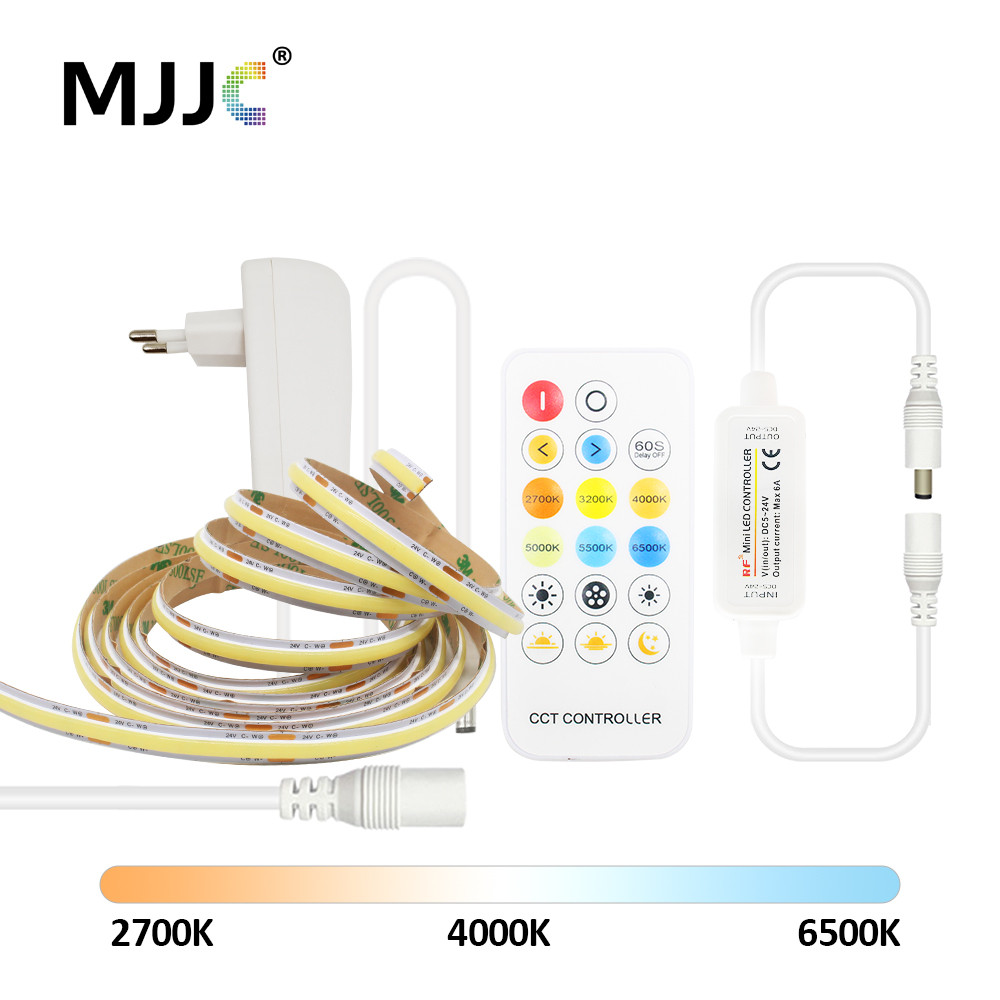 1-5m 24V CCT FCOB ไฟ LED Strip EU ชุดความสว่างสูง WW CW หรี่แสงได้ COB ริบบิ้นยืดหยุ่น RF 17Key Remote Linear Lighting