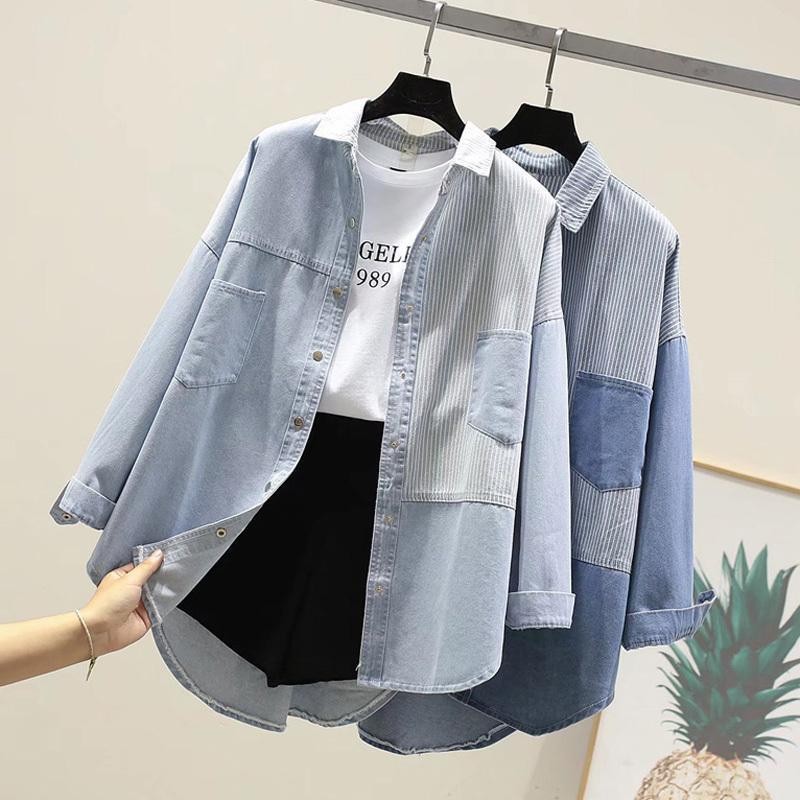 เย็บเสื้อยีนส์ผู้หญิงสวมใส่ด้านนอกฤดูใบไม้ผลิและฤดูใบไม้ร่วงใหม่สไตล์เกาหลีอเนกประสงค์หลวมกระชับน้ำหนักเบาบางเสื้อแขนยาวเสื้อ
