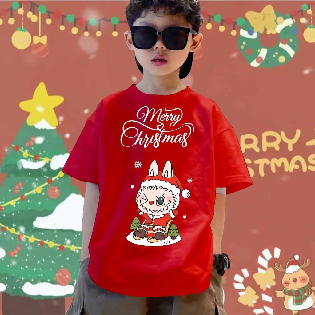 (จัดส่งตลอด 24 ชั่วโมง) เสื้อยืดเด็กคริสต์มาส Labubu เสื้อยืดเด็กพิมพ์ลายคริสต์มาส Labubu น่ารัก แท้ผ้าฝ้าย T74