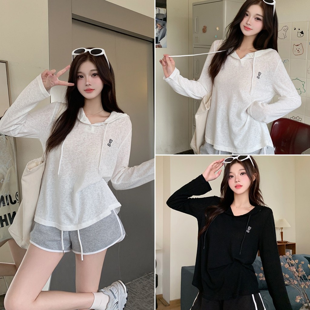 cherryshop พร้อมส่ง เสื้อยืดแขนยาวผู้หญิ เสื้อฮู้ดแฟชั่น คอกลม แต่งมีฮู้ด ดีไซน์พิมพ์ปักน่ารัก สไตล์เกาหลี