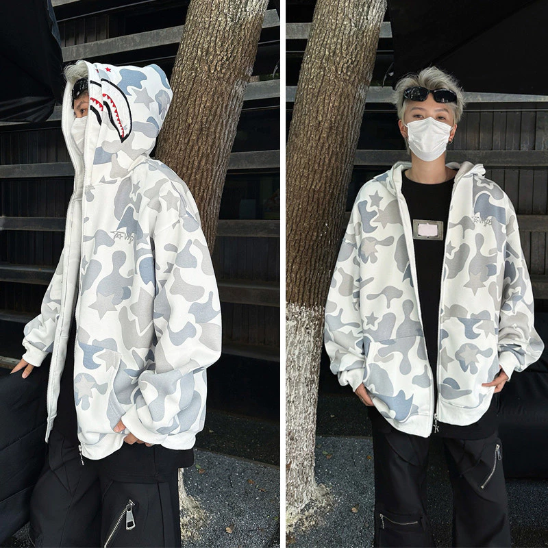 EERSHENSHI เสื้อฮู้ดผู้ชาย เสื้อสเวตเตอร์ลายฉลามมีซิปสองฮู้ดสไตล์อเมริกันไฮสตรีท