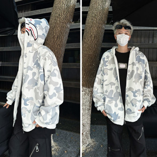 EERSHENSHI เสื้อฮู้ดผู้ชาย เสื้อสเวตเตอร์ลายฉลามมีซิปสองฮู้ด…