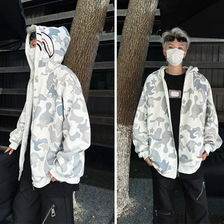 EERSHENSHI เสื้อฮู้ดผู้ชาย เสื้อสเวตเตอร์ลายฉลามมีซิปสองฮู้ดสไตล์อเมริกันไฮสตรีท