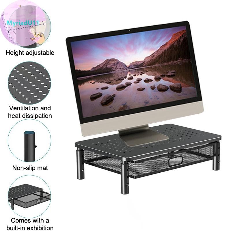 Myriadu ที่วางหน้าจอคอมพิวเตอร์พร้อมลิ้นชักปรับความสูง 3 ขั้นตอน PC Monitor Stand กล่องเก็บสําหรับเครื่องพิมพ์สํานักงานแล็ปท็อป TH