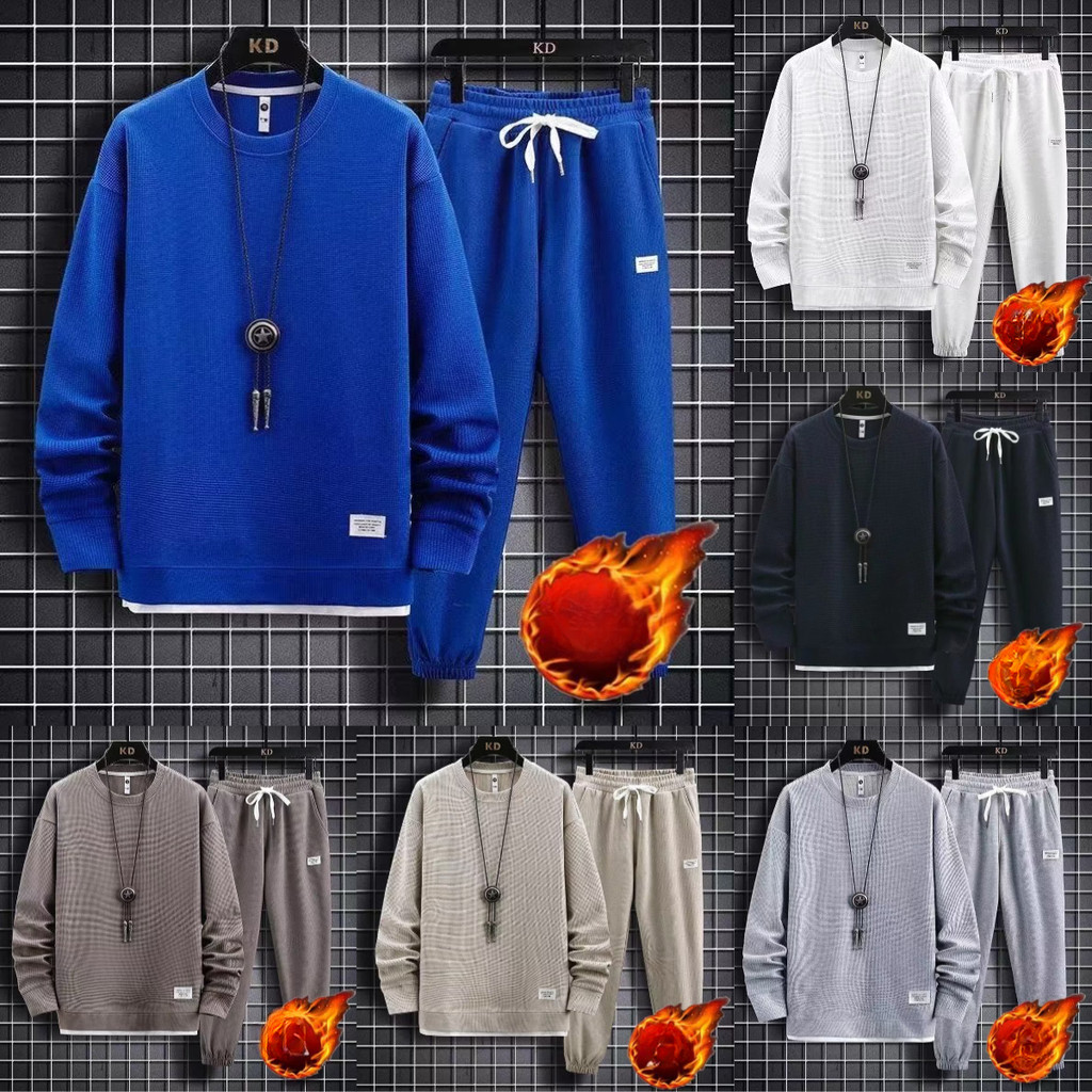[9 สี] M-5XL วาฟเฟิลผู้ชายฤดูใบไม้ร่วงและฤดูหนาวเสื้อยืดแขนยาวชุดสีทึบทุกการแข่งขันชุดลําลองเรียบง่ายUnisex