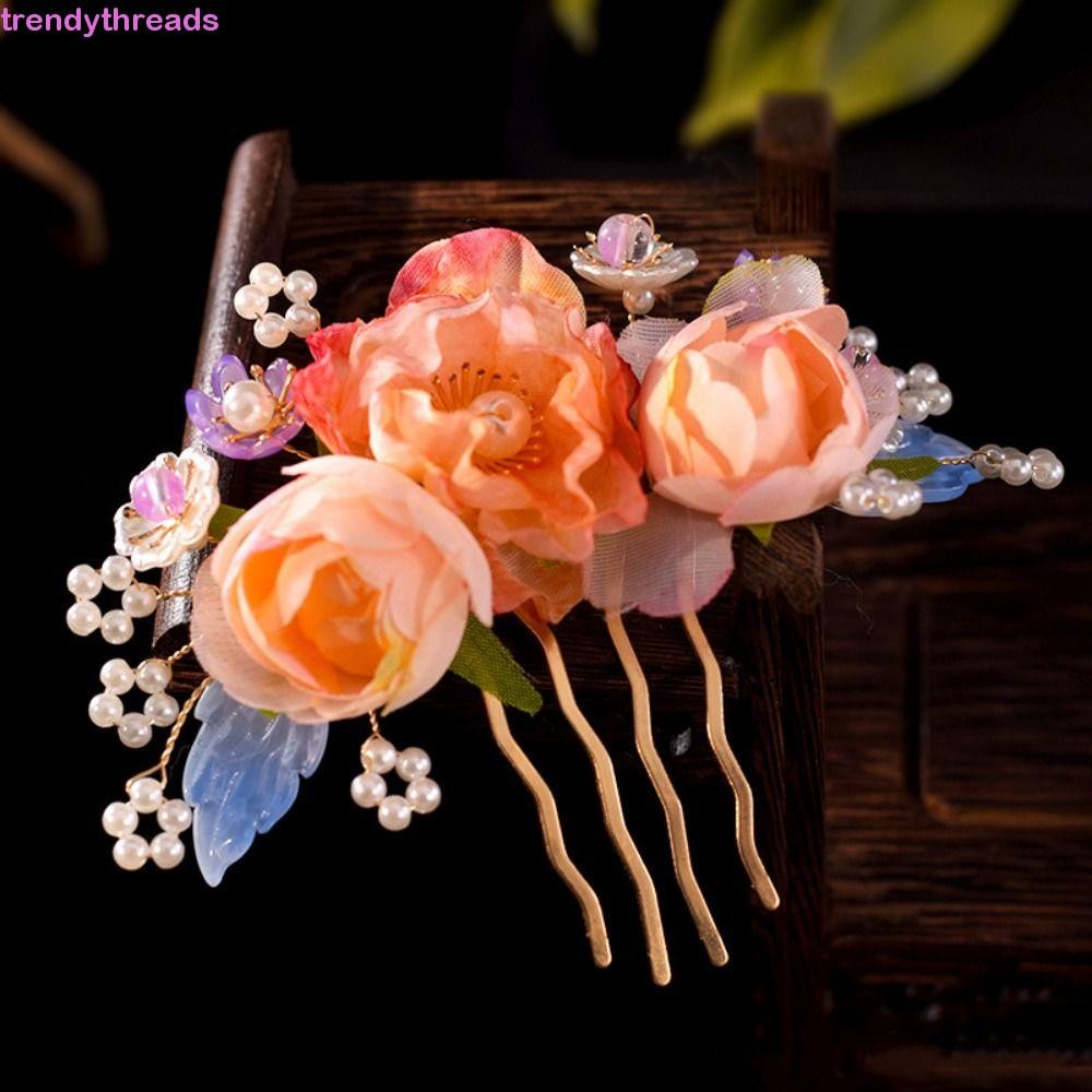 Trendythreads Tang Dynasty Hairpin, สไตล์จีนดอกไม้โบราณผม, Elegant ส้อมผมตะเกียบพู่ Hanfu Headwear เด็ก