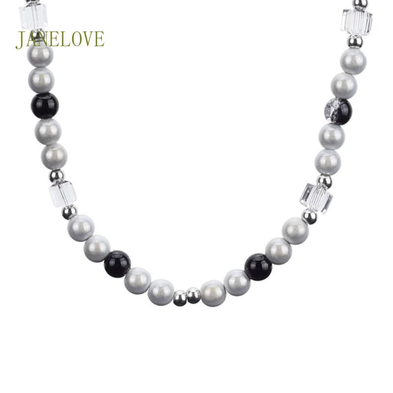 Jlove สร้อยคอมุกลูกปัดพร้อมจี้สี่เหลี่ยม ปรับความยาวได้ Fun Charm Clavicle Chain Sweet Cool Choker Statement J