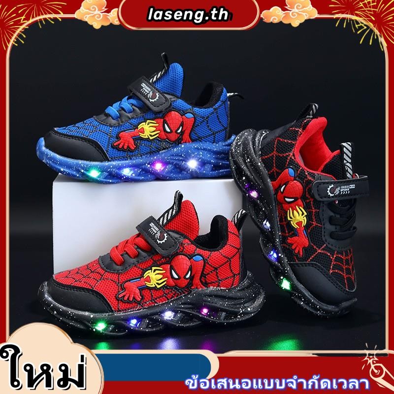 SUGE รองเท้าสไปเดอร์แมน องเท้าผ้าใบเด็กมีไฟ