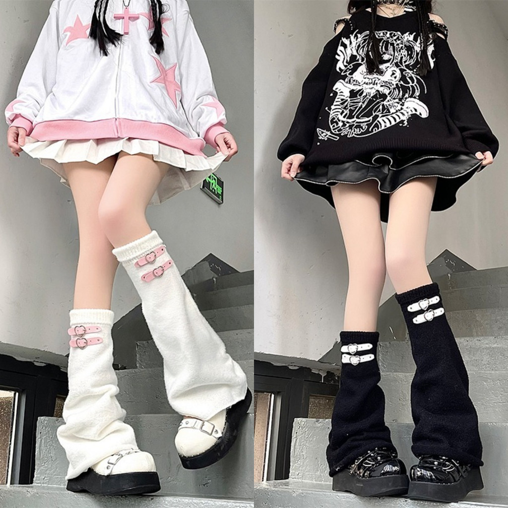 Y2k ถักขาหลวมอุ่นหัวใจหนังหัวเข็มขัดถุงน่องผู้หญิงสาว Harajuku ขาอุ่น Subculture Fishnet ถุงเท้า