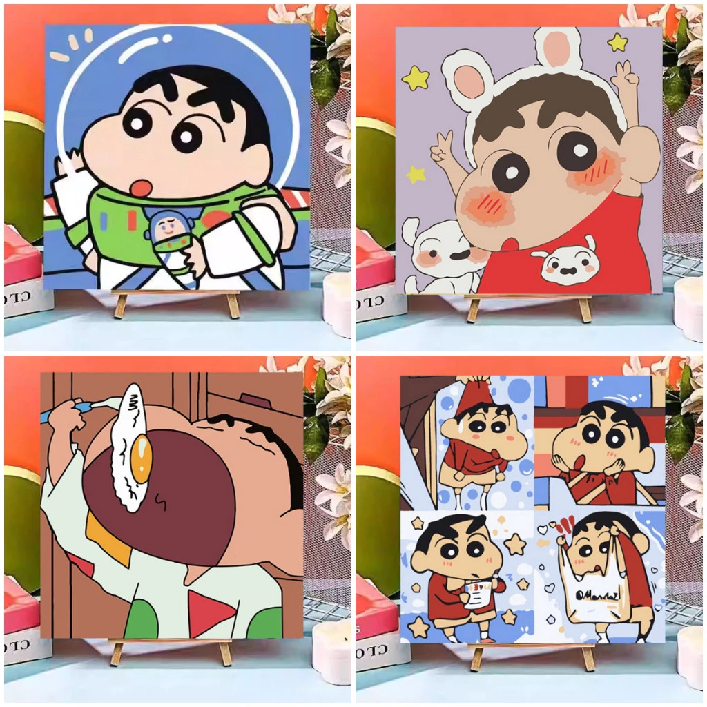 (พร้อมส่ง) Shin-chan ระบายสีตามตัวเลข ขนาด 20x20cm แบบขึงเฟรมไม้ ฝึกสมาธิ ของขวัญ DIY สำหรับตกแต่งบ้าน ของเล่นสำหรับเด็ก