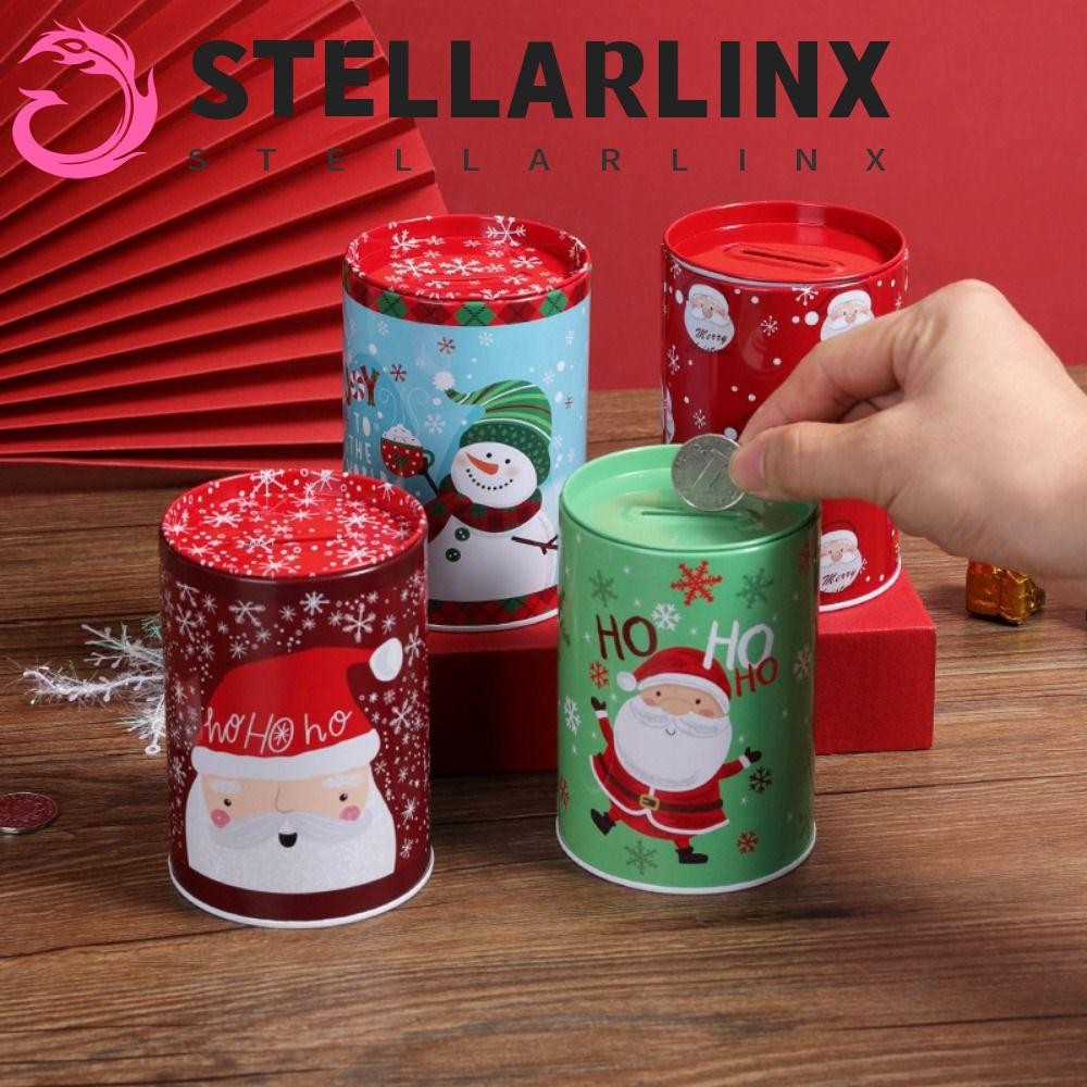 Stellarlinx ถังออมสินคริสต์มาส,ซานตาคลอสสุ่มรูปแบบ Xmas Tinplate กล่อง,คริสต์มาสคุกกี้ Jar Snowman กล่องเหรียญการ์ตูนกล่องขนมคริสต์มาสของขวัญ