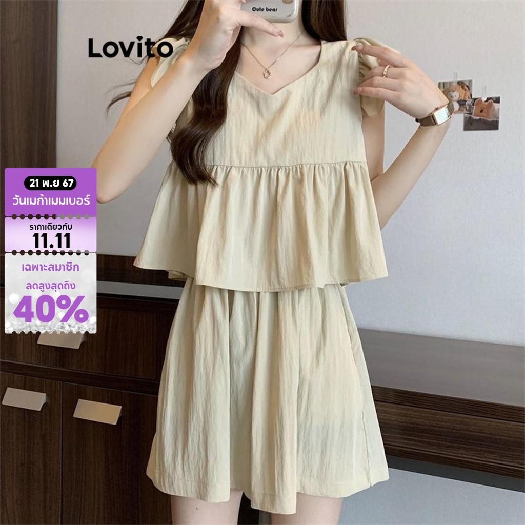 Lovito กางเกงขาสั้นผู้หญิงหรูหราธรรมดา นัวเนีย ชายเสื้อชุดสำหรับผู้หญิง LNE74329