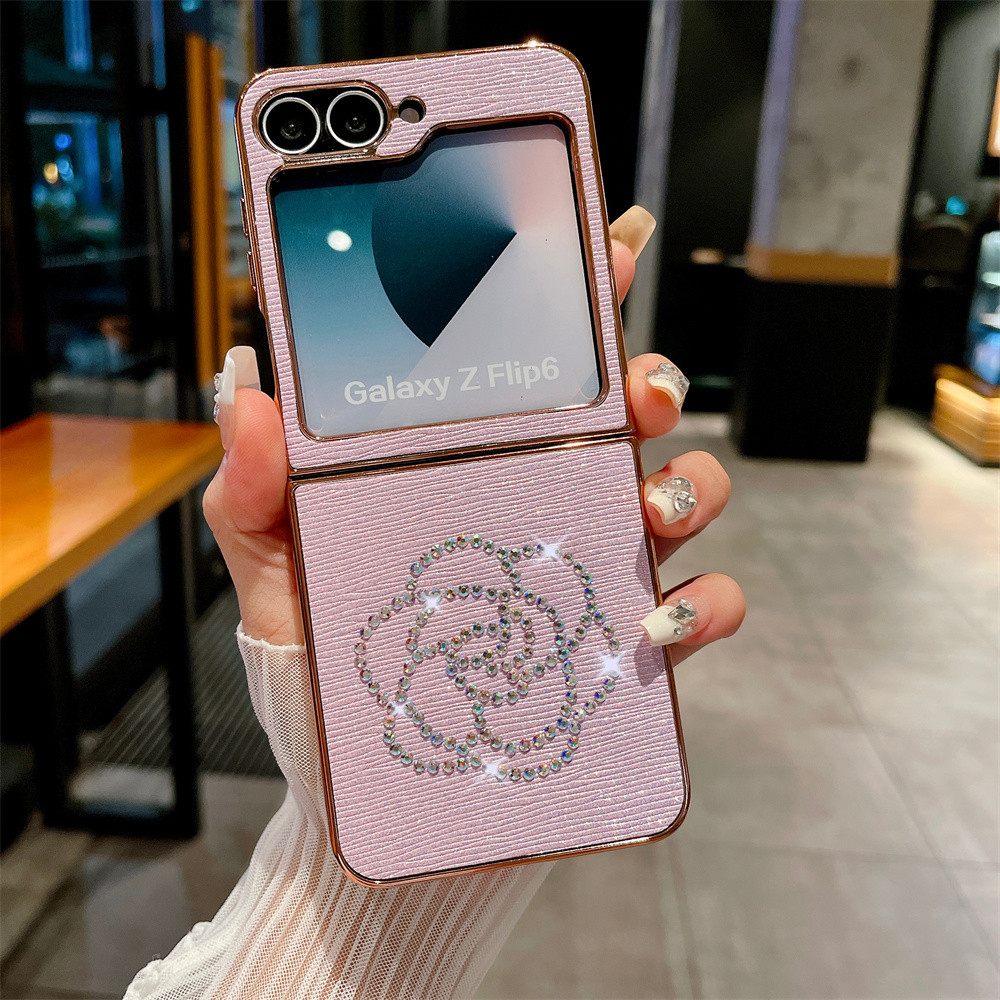 Electroplate เพชรตกแต่งรูปแบบเคสโทรศัพท์สําหรับ Samsung Galaxy Z Flip 6 5 4 3 Flip6 Flip5 Flip4 Flip3 5G ปกหนัง