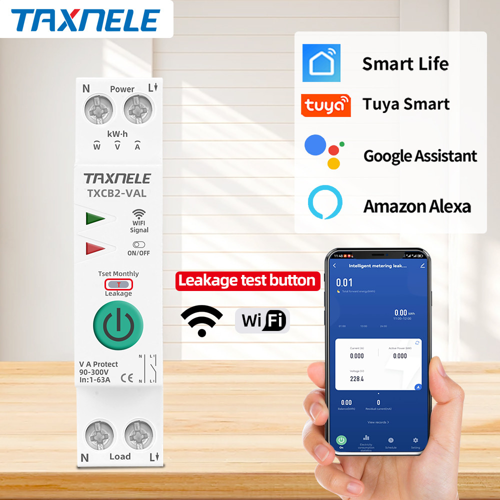 Taxnele TUYA WIFI Smart Leakage Voltage protector Circuit Breaker Power Energy Meter KWh 1P 63A MCB