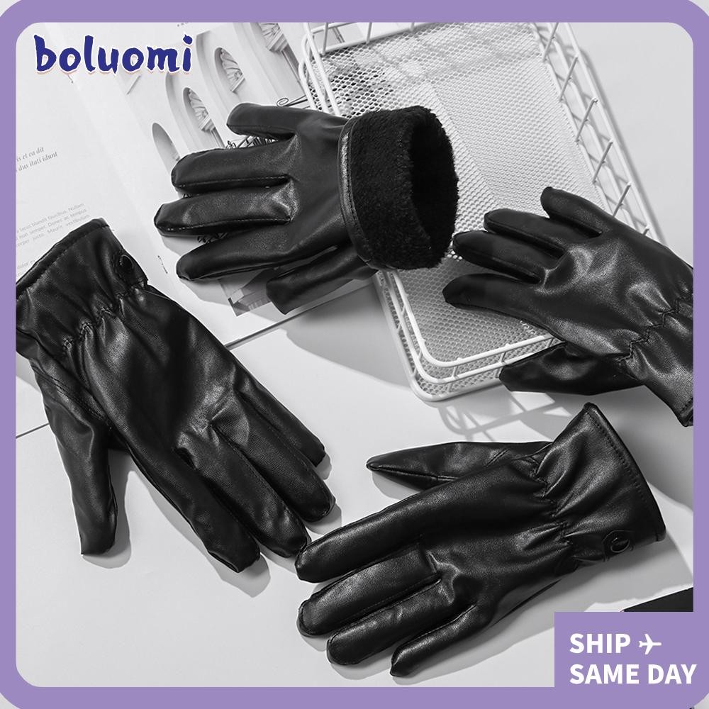 Boluomi ถุงมือสีดําผู้หญิงหนังความร้อน Warm Anti Slip Mittens